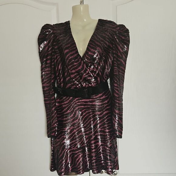 Michael Kors Sequins  Pink and Black V-Neck Puff Sleeve Dress - Picture 1 of 16